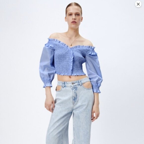 Zara Blue Elastic Trim off the shoulder top Size M - Picture 1 of 9